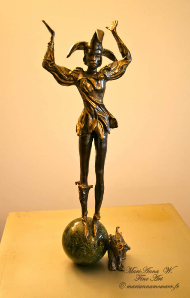 Acrobat and his dog, bronze, serpentine, brown patina by © MariAnna MO Warr