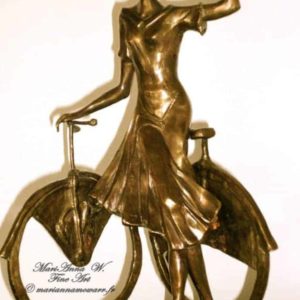 Young Lady & bicycle, bronze,black marble, brown patina by © MariAnna MO Warr