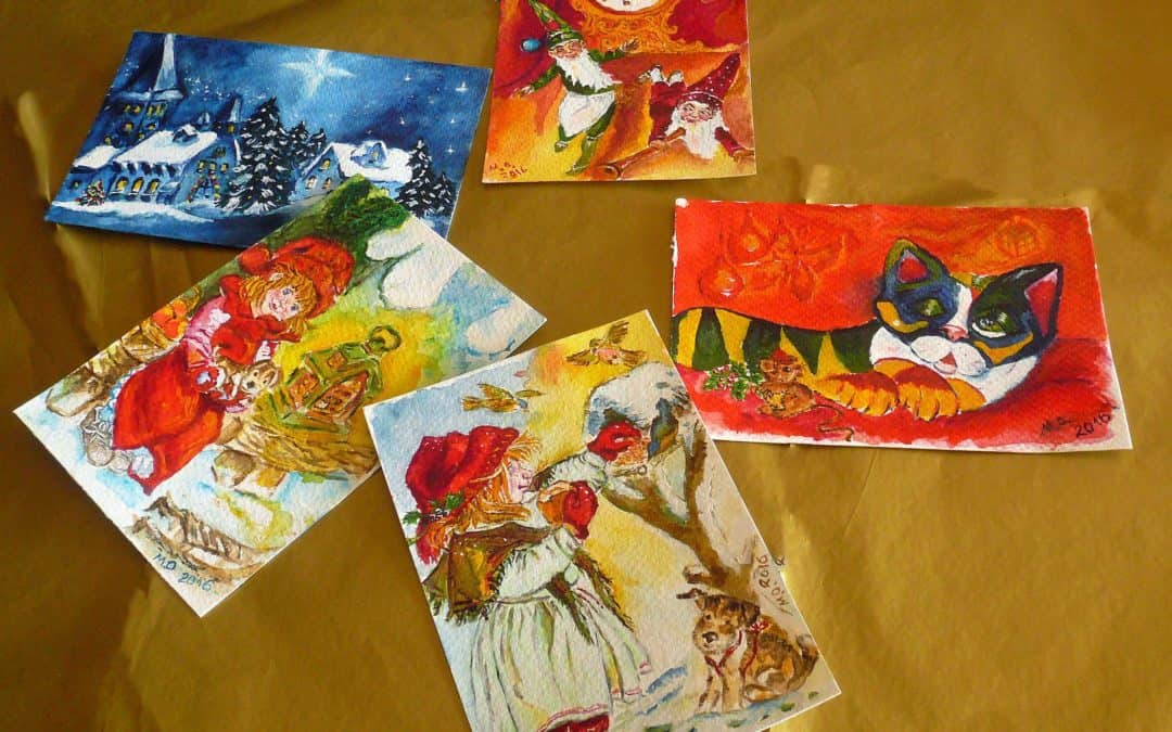 Original watercolor Christmas greeting cards collection by © MariAnna MO Warr